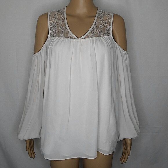 Parker Joanie Cold Shoulder Blouse Lace Billow Sleeve V Neck White Medium Top - Picture 1 of 11